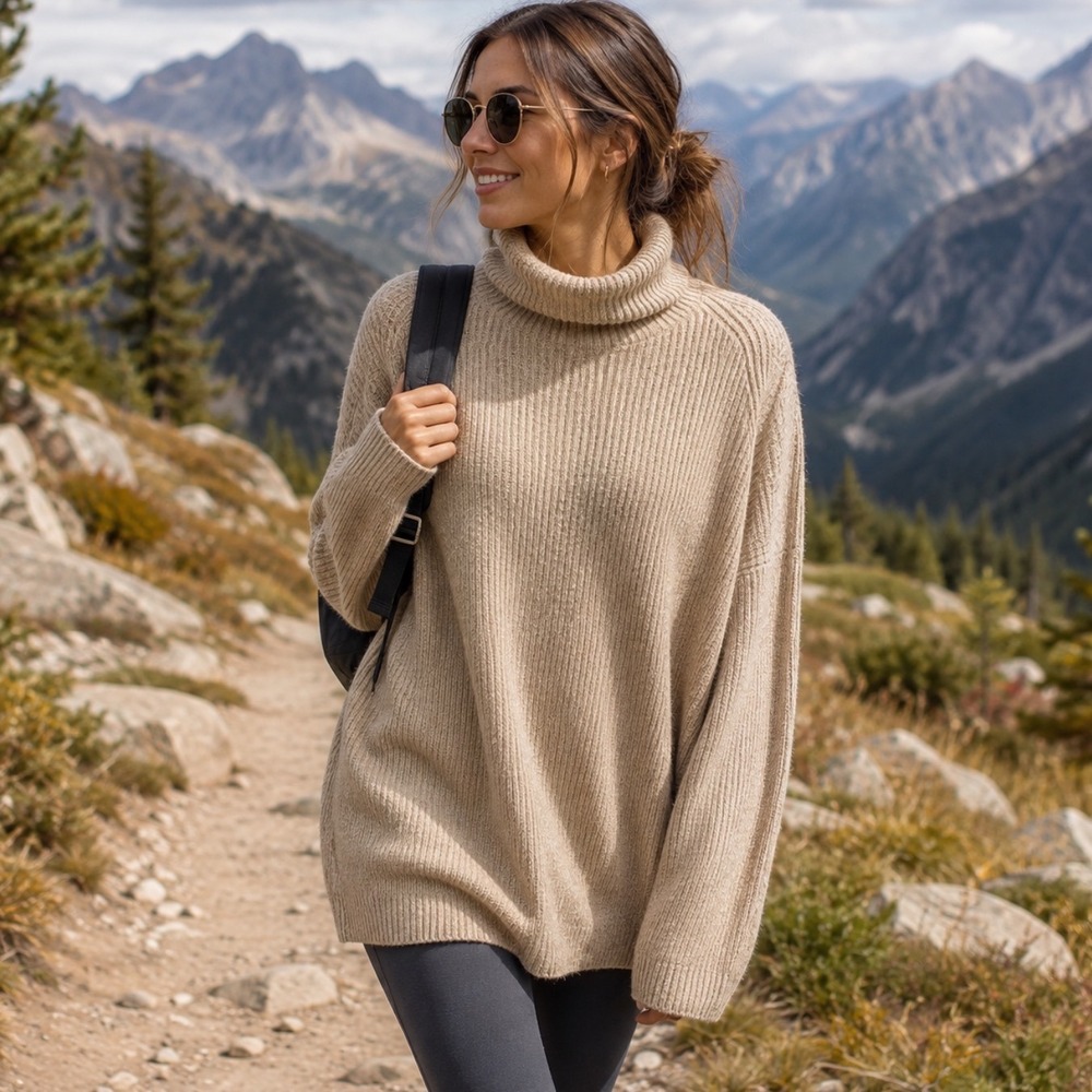 Lou & Grey for LOFT Oversized‎ Turtleneck Sweater Tan XS Ribbed Knit Pullover